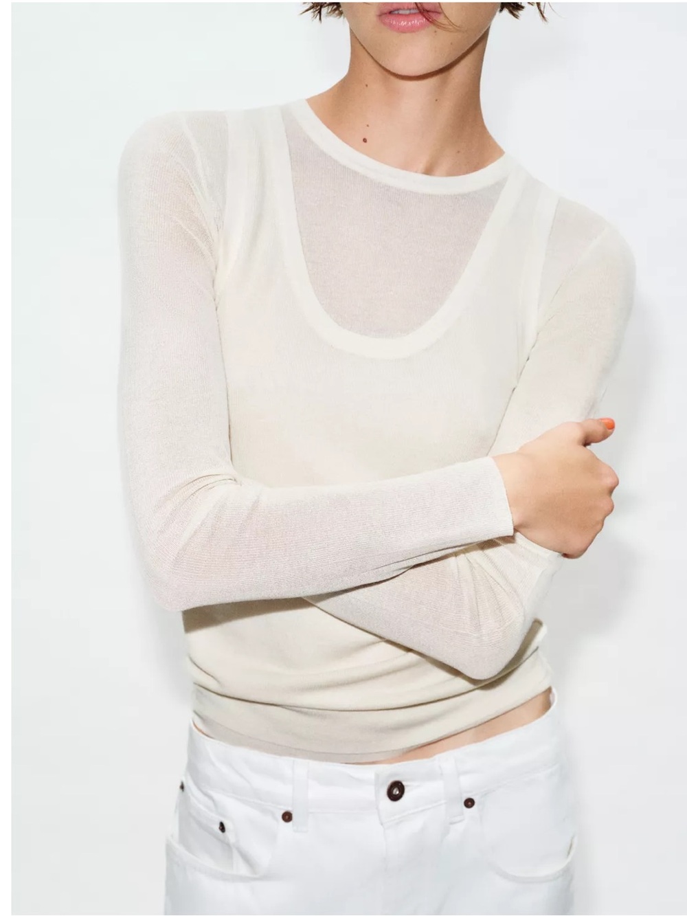 Zara Long Sleeve Scoop Neck Top in Light Green.